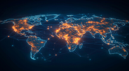 a world map on a dark background with images of light communication lines and data lines