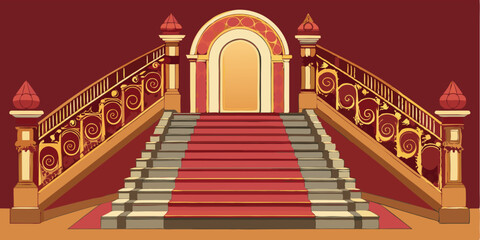 Poster - Elegant interior of a grand staircase with ornate railings and vibrant walls in a luxurious setting, inviting exploration at any time of day