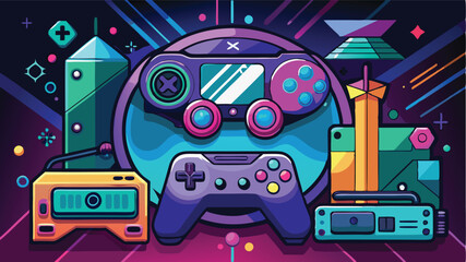 Leinwandbilder - Vector illustration showcasing various gaming devices and accessories in a colorful layout with playful design elements