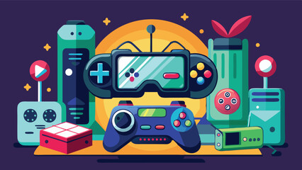Leinwandbilder - Vector illustration showcasing various gaming devices and accessories in a colorful layout with playful design elements