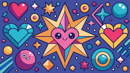 Poster - Bright and cheerful vector illustration featuring various playful shapes, smiling faces, and vibrant colors on a deep blue background