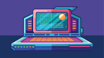 Poster - Modern vector illustration of a futuristic laptop design with vibrant colors and a sleek, open display, showcasing advanced technology and digital innovation