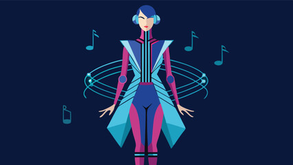 Aufkleber - Stylized figure in futuristic attire engages with musical elements in a vibrant digital environment