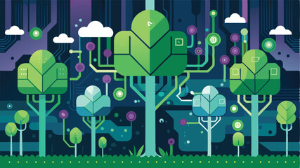 Poster - Futuristic forest landscape blending nature and technology in a vibrant vector illustration