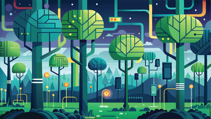Poster - Futuristic forest landscape blending nature and technology in a vibrant vector illustration