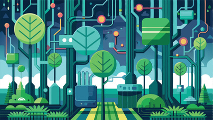Poster - Futuristic forest landscape blending nature and technology in a vibrant vector illustration