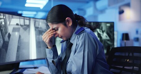 Poster - Stress, headache and woman by computer for surveillance in control room with CCTV footage. Migraine, burnout and tired female supervisor with security cam on technology in data center at night.