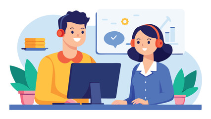 Fototapete - Customer service representatives collaborating in a friendly office atmosphere during business hours