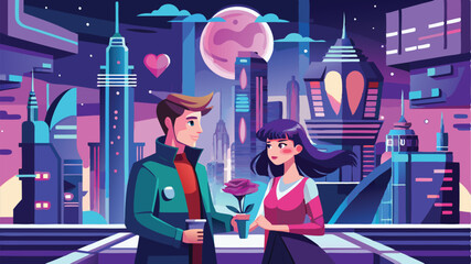 Poster - Couple sharing love in futuristic city surrounded by towering skyscrapers and vibrant planets, perfect for romance and adventure enthusiasts