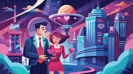 Poster - Couple sharing love in futuristic city surrounded by towering skyscrapers and vibrant planets, perfect for romance and adventure enthusiasts