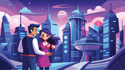 Poster - Couple sharing love in futuristic city surrounded by towering skyscrapers and vibrant planets, perfect for romance and adventure enthusiasts