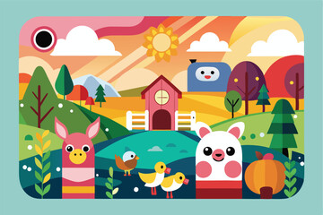 Poster - Colorful vector illustration of a charming landscape featuring cute animals, vibrant flowers, and picturesque buildings under a sunny sky