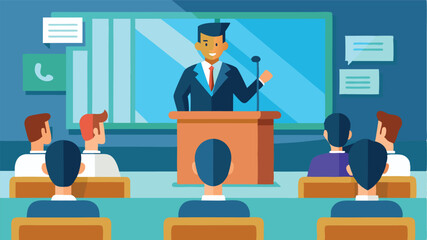 Poster - Professional speaker giving a presentation to engaged audience in a modern conference room setting with digital screens and various attendees
