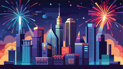 Aufkleber - Colorful skyline celebration with fireworks over modern cityscape at night, featuring prominent buildings and vibrant colors