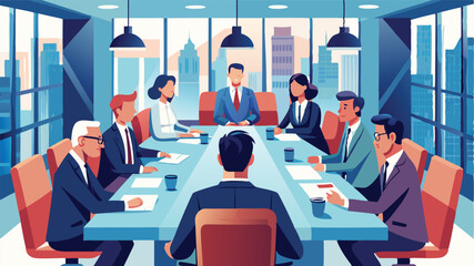 Poster - Business meeting in a modern office, featuring diverse professionals engaged in discussion and collaboration over ideas and strategies during a sunny afternoon