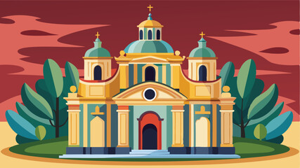 Aufkleber - Vector illustration of a stylized church with dome architecture and vibrant sunset background in a peaceful landscape
