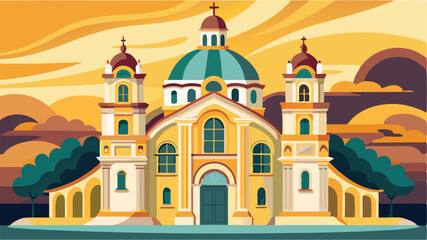 Aufkleber - Vector illustration of a stylized church with dome architecture and vibrant sunset background in a peaceful landscape