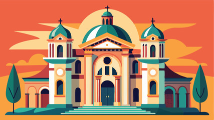 Aufkleber - Vector illustration of a stylized church with dome architecture and vibrant sunset background in a peaceful landscape