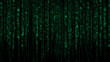 © Kundra - Vector matrix Japanese code rain on a black background. Glowing green vertical symbols. Cyberpunk and hacking culture design. Seamless code stream effect.