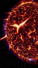 Wall Mural - close-up video still of a fiery, textured planet in space, captured from a low angle, showcasing int