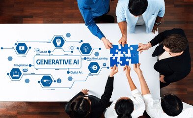 Fototapete - A diverse group of professionals collaborates on a table, connecting puzzle pieces while exploring concepts of generative AI and digital art through innovative teamwork. Amity