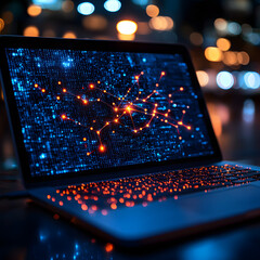 laptop displaying a network graphic at night