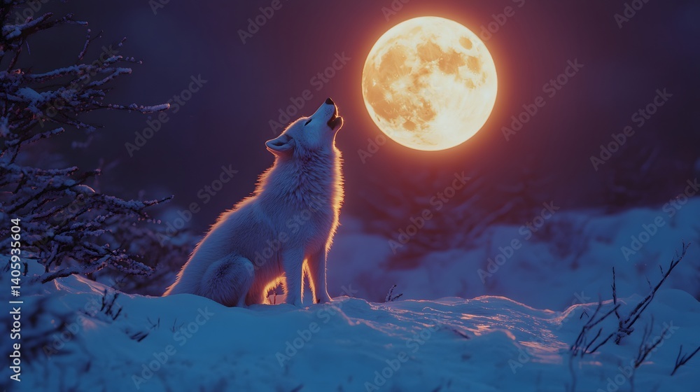 Lunar Serenade: An elegant white wolf howls at a full moon in a ...