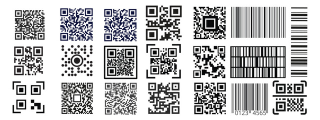 Scan QR code black icon set isolated on transparent background. Digital barcode scanning qr code sign for smartphone, payment, mobile app. Flat or line vector collection. Scan me phone tag symbol