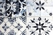 © Maryna - Tile mosaic with a black and white design. The tiles are arranged in a square pattern. The design is intricate and detailed, with a variety of shapes and colors. Scene is elegant and sophisticated