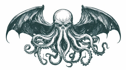 Wall Mural - Cthulhu eldritch tattoo design icon symbol engraving on transparent background. eldritch temples. illustration. Eldritch Engraving. Illustration