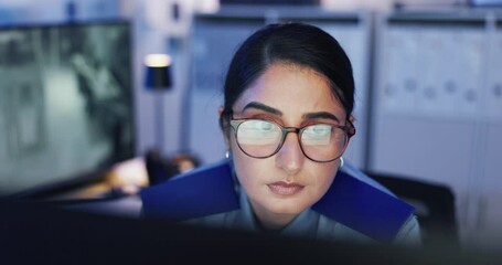 Poster - Security guard, surveillance and woman on computer for safety, duty or confused at night. Officer, monitor station and technology in control room with footage for cctv, watch video and protection
