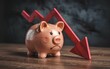 © NASSRI - Sad piggy bank and arrow down. Difficult economic situation. Expenditure of savings and financial reserves. Falling income, economy lower wages. Falling GDP. Economic recession, crisis. Capital flight