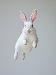 Poster - White bunny jumps gracefully with ears up against a clean, simple background