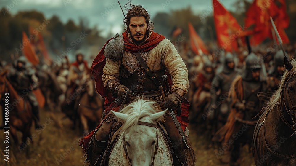 A medieval knight riding a white horse leading an army with red flags ...