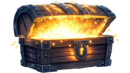Wall Mural - a wooden treasure chest with a metal lock opens revealing radiant golden light shining outward again