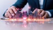 © Sam - A businessman in a suit interacts with a digital cityscape, illustrating innovation and technology in urban development.