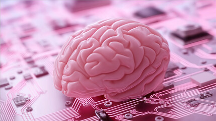 Poster - Human brain resting on circuit board symbolizing artificial intelligence