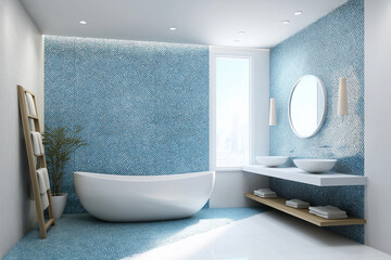 Aufkleber - Modern bathroom interior with blue mosaic tiles and white oval bathtub