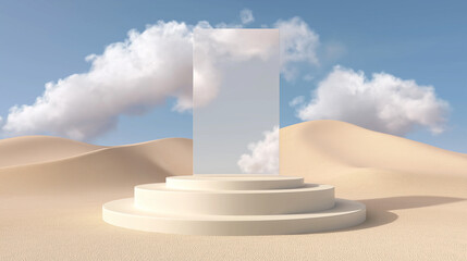 Poster - White round podium displaying frosted glass banner in desert landscape with clouds