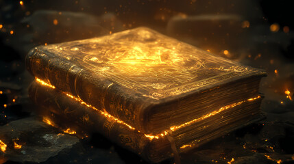 Wall Mural - ancient book glows with golden light and mystical symbols in a dark setting. arcane calligraphy. ill