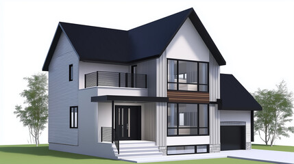 Poster - Modern suburban house with large windows and balcony featuring a two-car garage