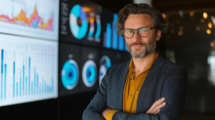 Poster - Businessman crossing arms and analyzing data on multiple screens