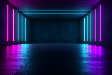 Aufkleber - Empty room with blue and purple neon lights reflecting on wet floor