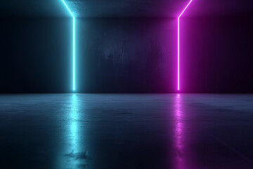 Poster - Vibrant turquoise and purple neon lights illuminating dark empty room