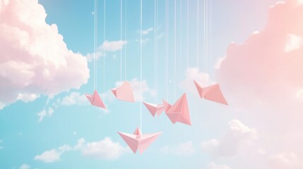 Aufkleber - Soft sky adorned with hanging paper planes and gentle clouds creates a whimsical atmosphere suitable for children