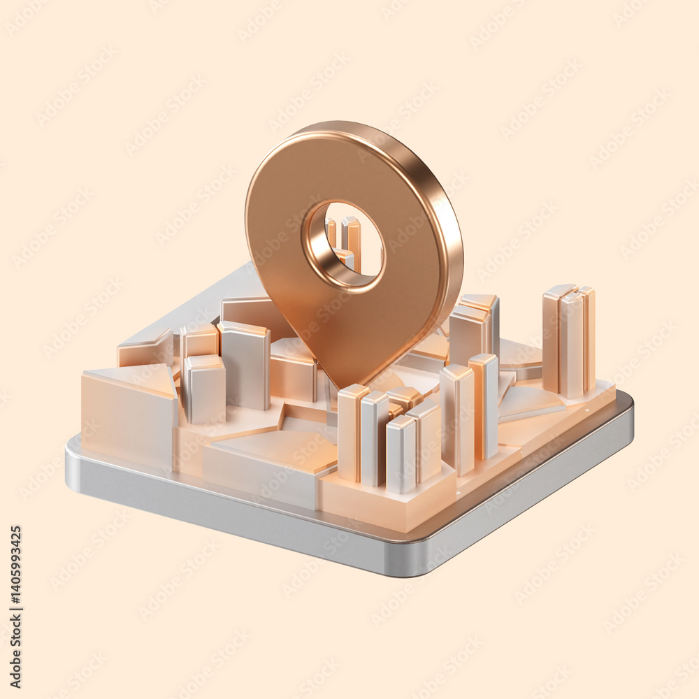 3D illustration of a stylized city map with location pins and a ...