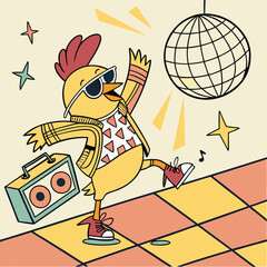 Wall Mural - Funky chicken with sunglasses dancing under a disco ball in a retro party vibe