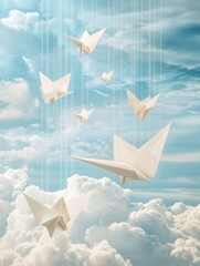 Aufkleber - Soft sky adorned with hanging paper planes and gentle clouds in a whimsical and imaginative setting