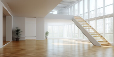 Aufkleber - Modern empty loft with large windows and staircase leading to mezzanine