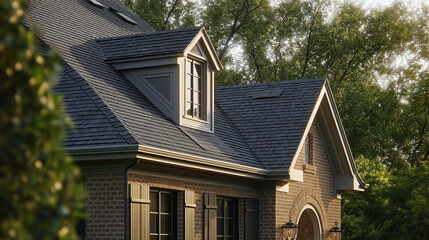 Poster - Modern architectural dormer and roof illuminating under sunlight with green trees in background